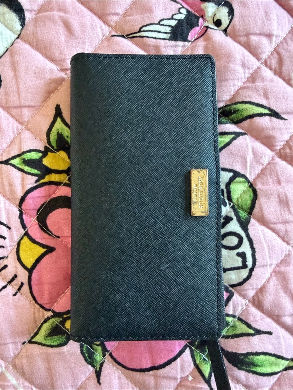 kate spade Black Saffiano Leather Long Card Wallet with Gold Snap